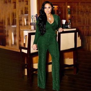 MEIYIFANG Sparkly Deep V-Neck Jumpsuits for women Long Sleeve Elegant High Waist